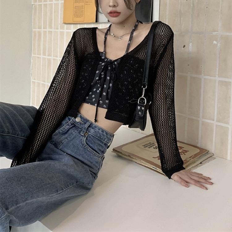 Корейский стиль - V - вырез завязывается сверху кардиган свежий стиль солнцезащитный трикотаж верхняя одежда, тонкая сетка - ажурная - блузка для женщин летом