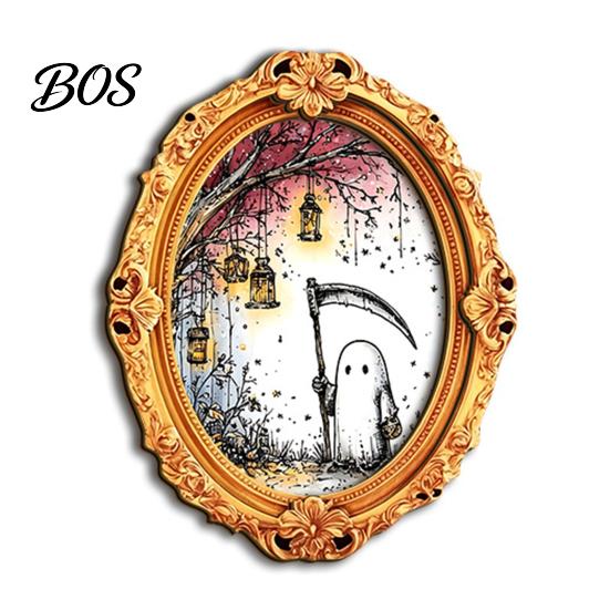 Halloween Party Favors Wooden Frame Refrigerator Magnet, Retro Oval Fridge Vintage Magnet Pumpkin Ghost Magnetic Decoration for Kitchen Illustration