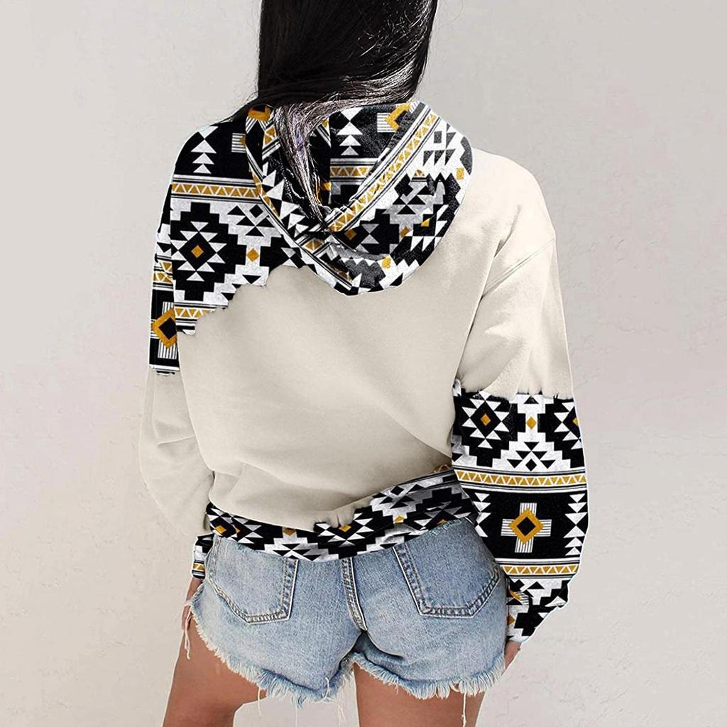 Women's Aztec Hoodie Geometric Pattern Long Sleeve Colour Block Pullover Drawstring Sweatshirt