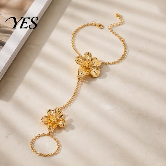 Flower Bracelet with Ring Gold Hand Chain Link Finger for Non Tarnish Tone Jewelry Women, Hibiscus Flowers O Bracelet, Floral Fairy Accessories