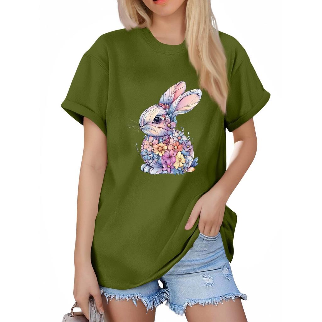 Women's Fashion Round Neck Short Sleeve T-Shirt Easter Printed Casual Top
