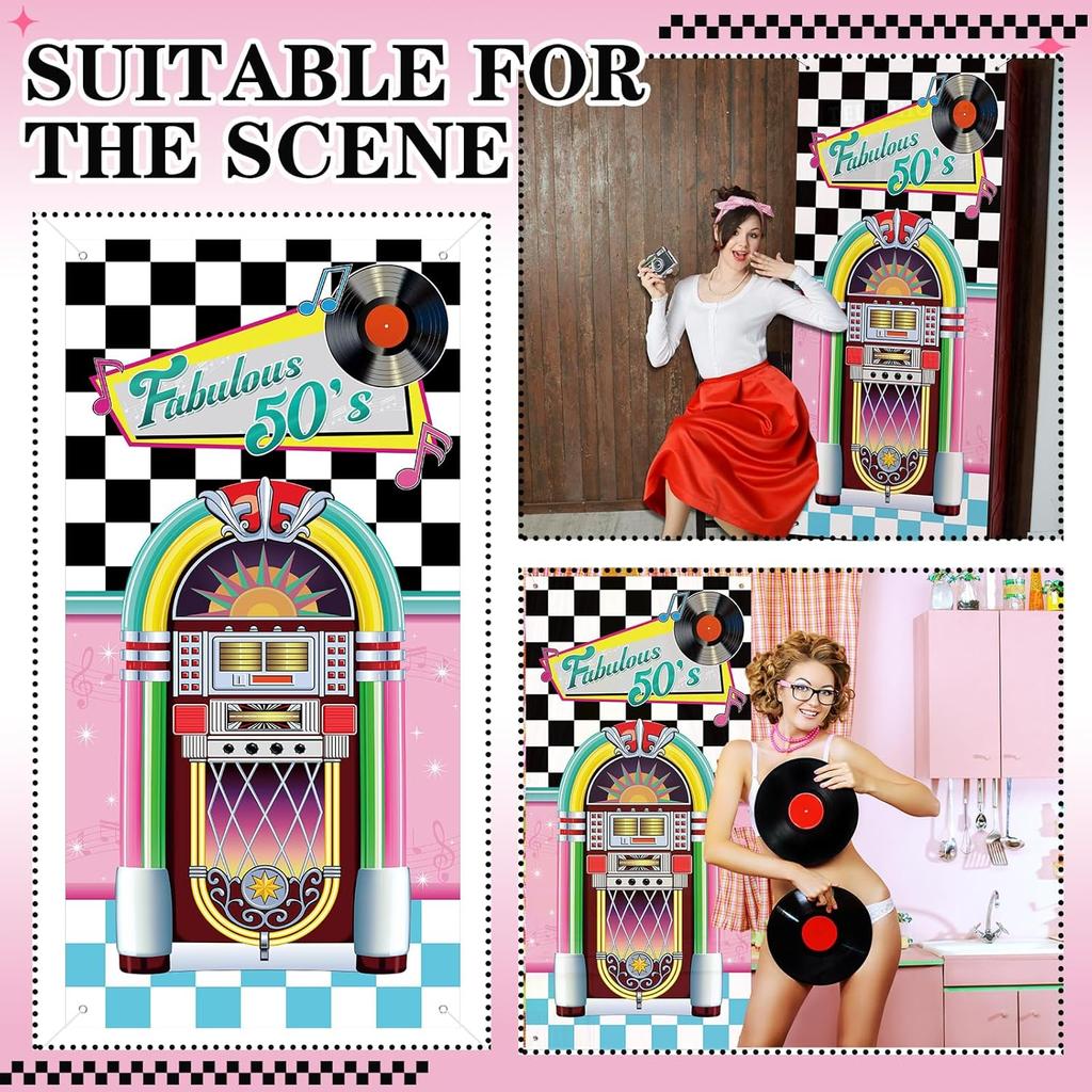 VitalCozy 180 x 90 см Декорации для вечеринки 1950-х годов Ретро 50-х Тканевая накидка на дверь Вечеринка в стиле 50-х Рок-н-ролл Задники для вечеринки в стиле 50-х Рок-н-ролл Музыкальная тематика