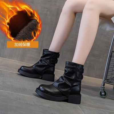 Британский стиль короткие ботинки детские 2025 новая осень и зима плиссированные рыцарские сапоги на толстой подошве сапоги-трубы женские на меху студенческие ботинки