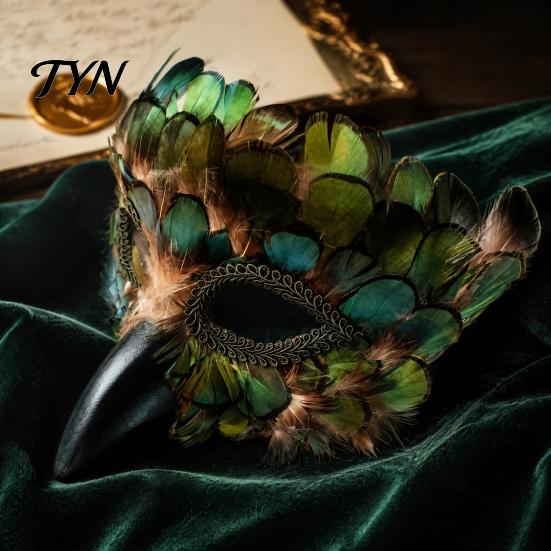 Peacock Feather Face Masque Bird Masque, Mysterious Feathers Eagle Beak Animal Half Decorative Masquerade Costume for Halloween, Mardi Gras,