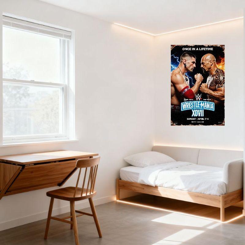 Винтажная металлическая жестяная табличка WWE WrestleMania XVII Джон Сина против Скалы Постер мероприятия с молниями и пламенем для мужской пещеры, бара, дома, де