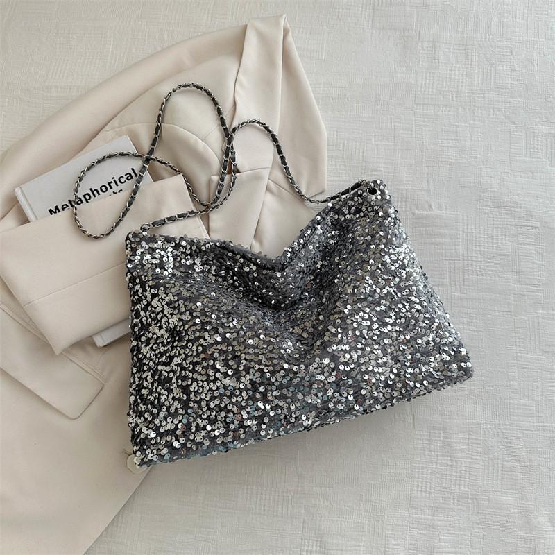 Stylish Korean Style Large Capacity Chic Chain Tote Bag For Women In Black White Silver