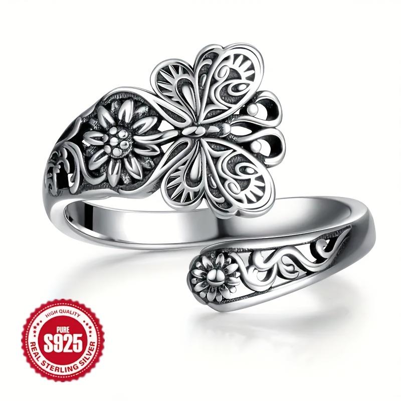 The Bohemian butterfly flower carving ring features925Adjustable open vintage ring made of pure silver, a gift for a special person, party accessory,