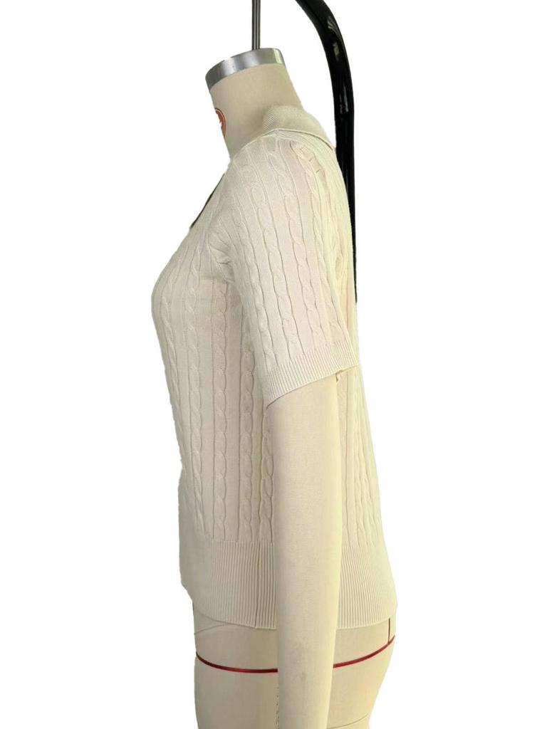 Women's V-Neck Cable Knit Polo Shirt - Short-Sleeved Solid Summer Sweater