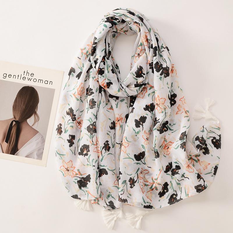 Beige Coffee Scarf Luxury Thin Womens Scarves Spring Floral Hijab Veils Soft Cotton Shawl Wrap Tassel Viscose Muslim Woman Hijab