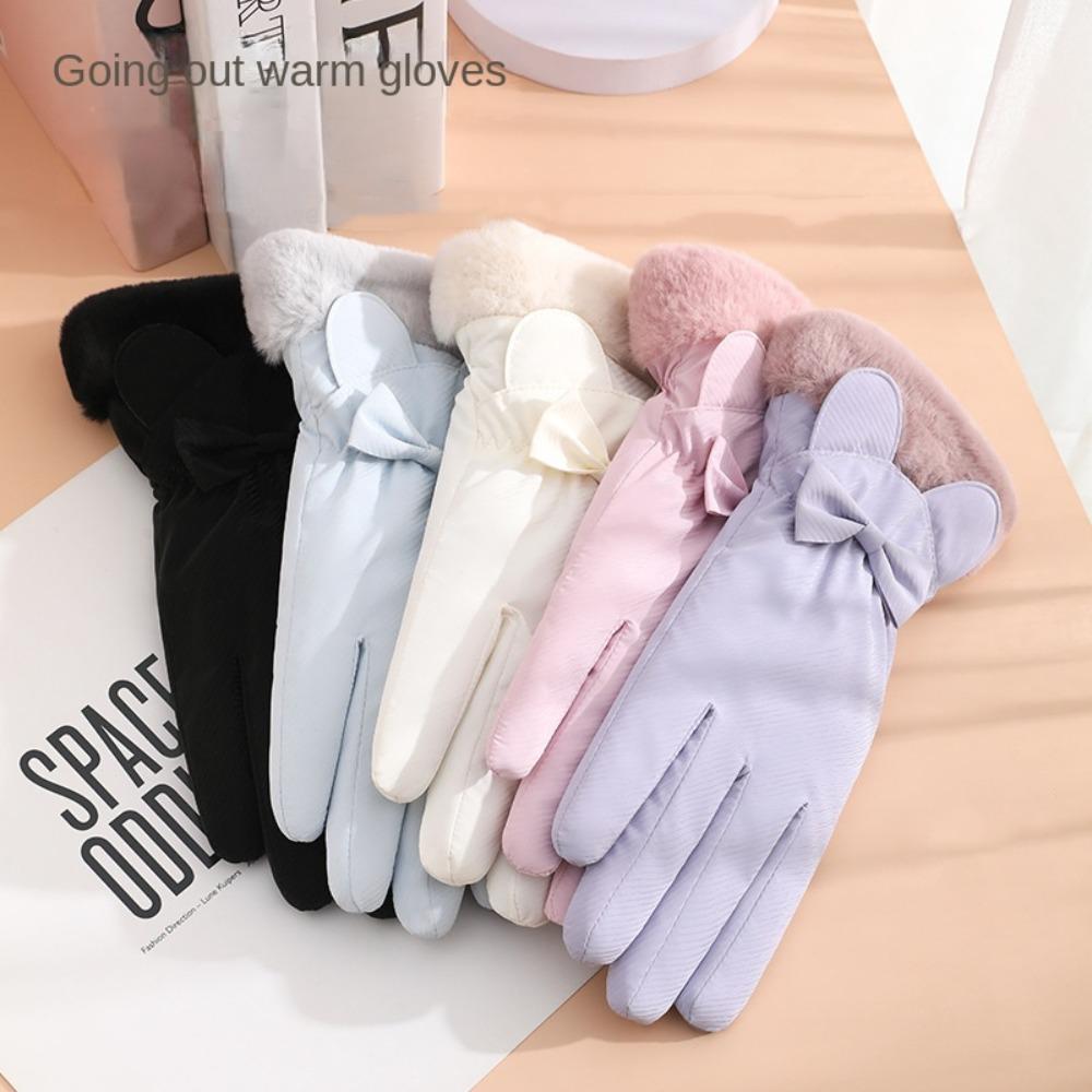 Down Cotton Plush Thickened Gloves Soft Satin Windproof Gloves Cute Ears Finger Mittens  Autumn