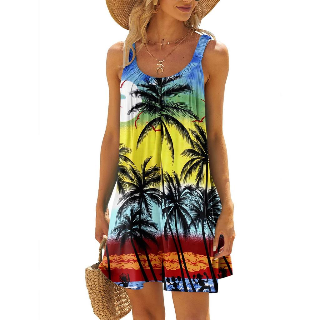Women's Fashion Summer Beach Casual Print Sleeveless Cute Sling Dress