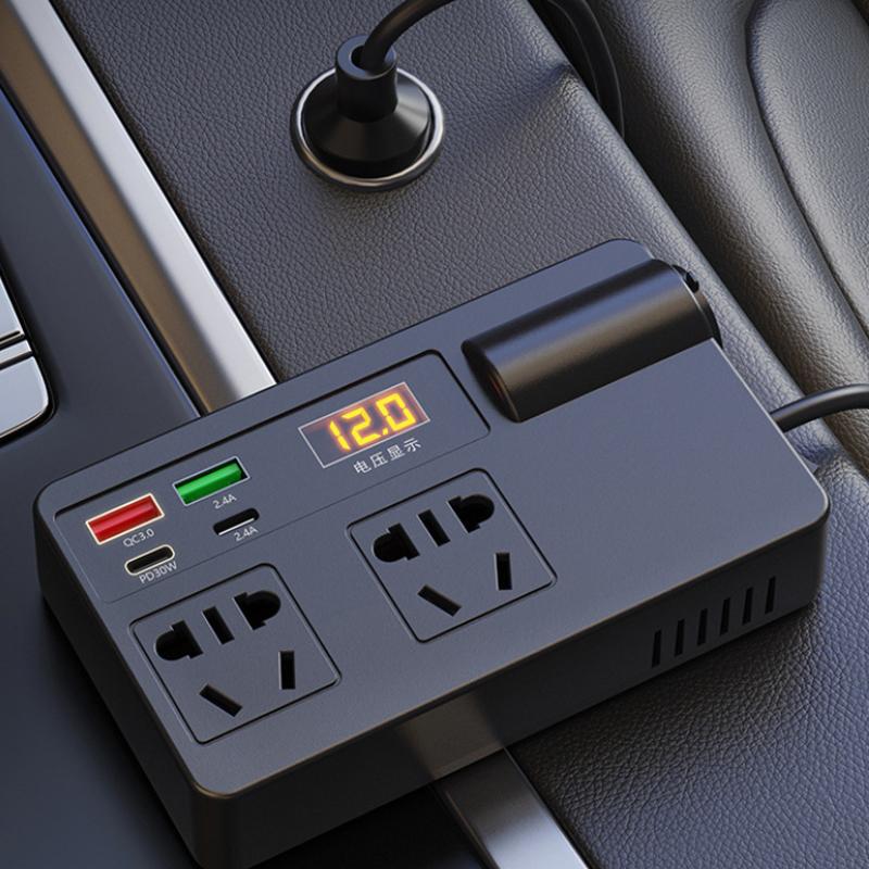 Автомобильный инвертор питания 200 Вт, 12 В в 220 В, адаптер PD 30 Вт QC 3.0 USB C быстрая зарядка, 2 розетки переменного тока и удлиненный гнездо прикуривателя