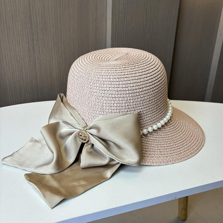 Small fresh pearl streamer straw hat fashionable big edge sunscreen cool hat women's face small beach sunshade basin hat