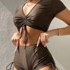 Sexy Drawstring Beach Party Bikini Set 2025 Women Green Black Short Sleeve Two Piece Swimsuit Summer Bathing Suit Pleate High Waist Swimwear