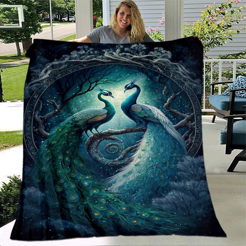 1pc Peacock Printing Lightweight Flannel Blanket, Comfortable and Warm Blanket, for Camping Sofa Bed and Couch Office, Suitable for Gift Blan