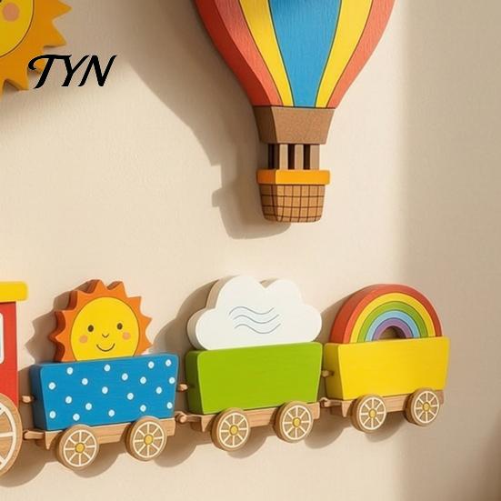 Non Damaging Wall Decor 4Pcs Cartoon Train Hot Air Balloon 3D Wooden Decor, Colorful Kids Lightweight Wood Signs Room Hanging, Nursery Educational