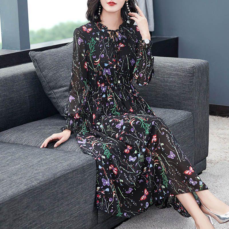 Шифоновое платье, женское платье с длинным рукавом и цветочным принтом, тонкое платье средней длины, размера плюс, летнее корейское модное повседневное платье