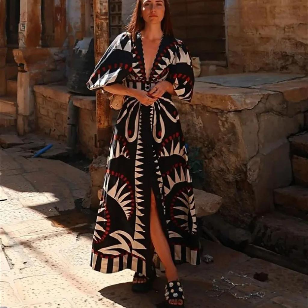 Черное платье с V-образным вырезом и принтом, рукав-фонарик, женская мода, высокая талия, миди-платья, женские профессиональные халаты, винтаж