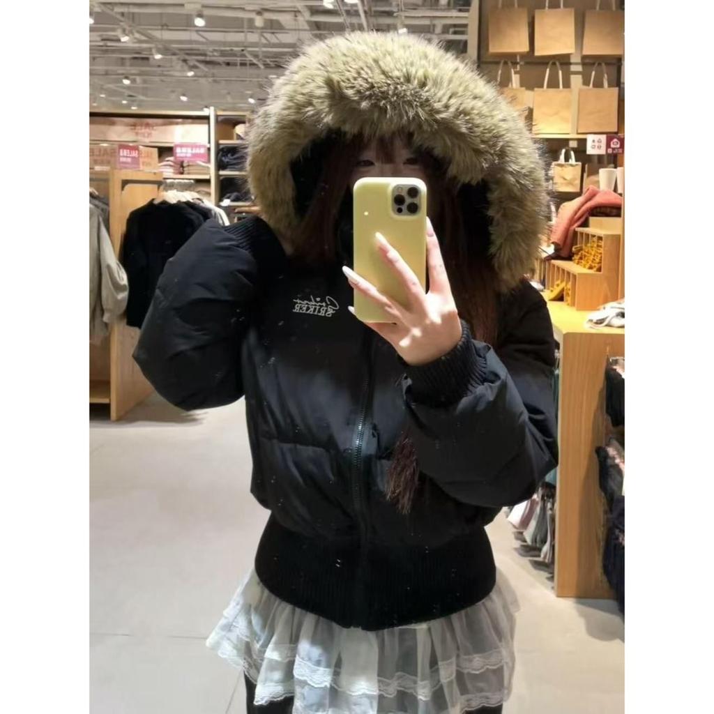 Academy style design short fur collar black coat women's winter new versatile and thin waist warm bread clothes