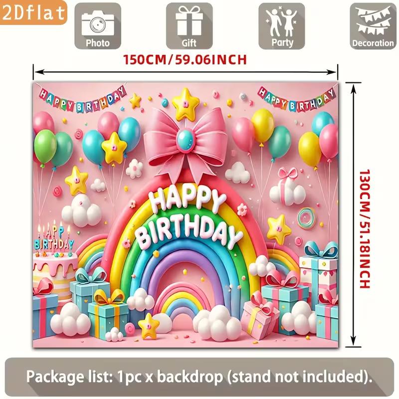 2D Pink Happy Birthday Backdrop Banner, Rainbow & Balloons Party Decor