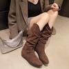 Женские замшевые плиссированные ботфорты на скрытой платформе, новые осенне-зимние 2025 года, с острым носком, в стиле вестерн, ковбойские, с отворотом, полусапоги