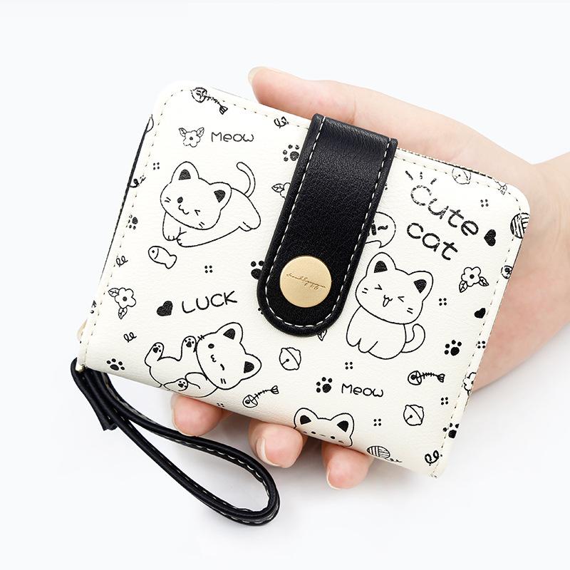 Повседневный двойной кошелек Kawaii с кошкой - Шикарный клатч для кредитных карт и монет с надежной застежкой, полиэстеровой подкладкой и удобным шнурком
