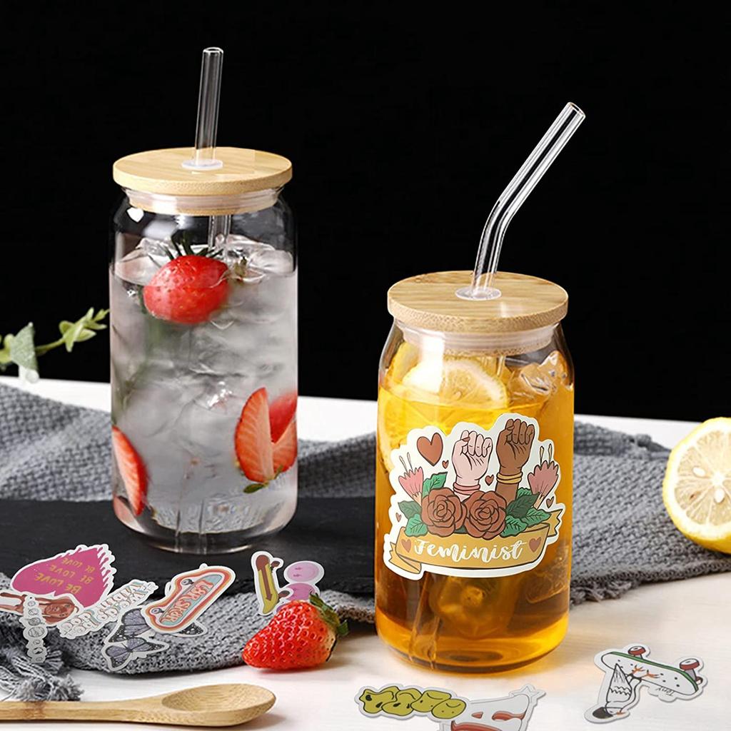 6pcs 400/500ml Glass Cup with Bamboo Lid and Straw Bubble Tea Cup Glasses Cups Beer Can Coffee Cup Cold Wine Cola Drinkware
