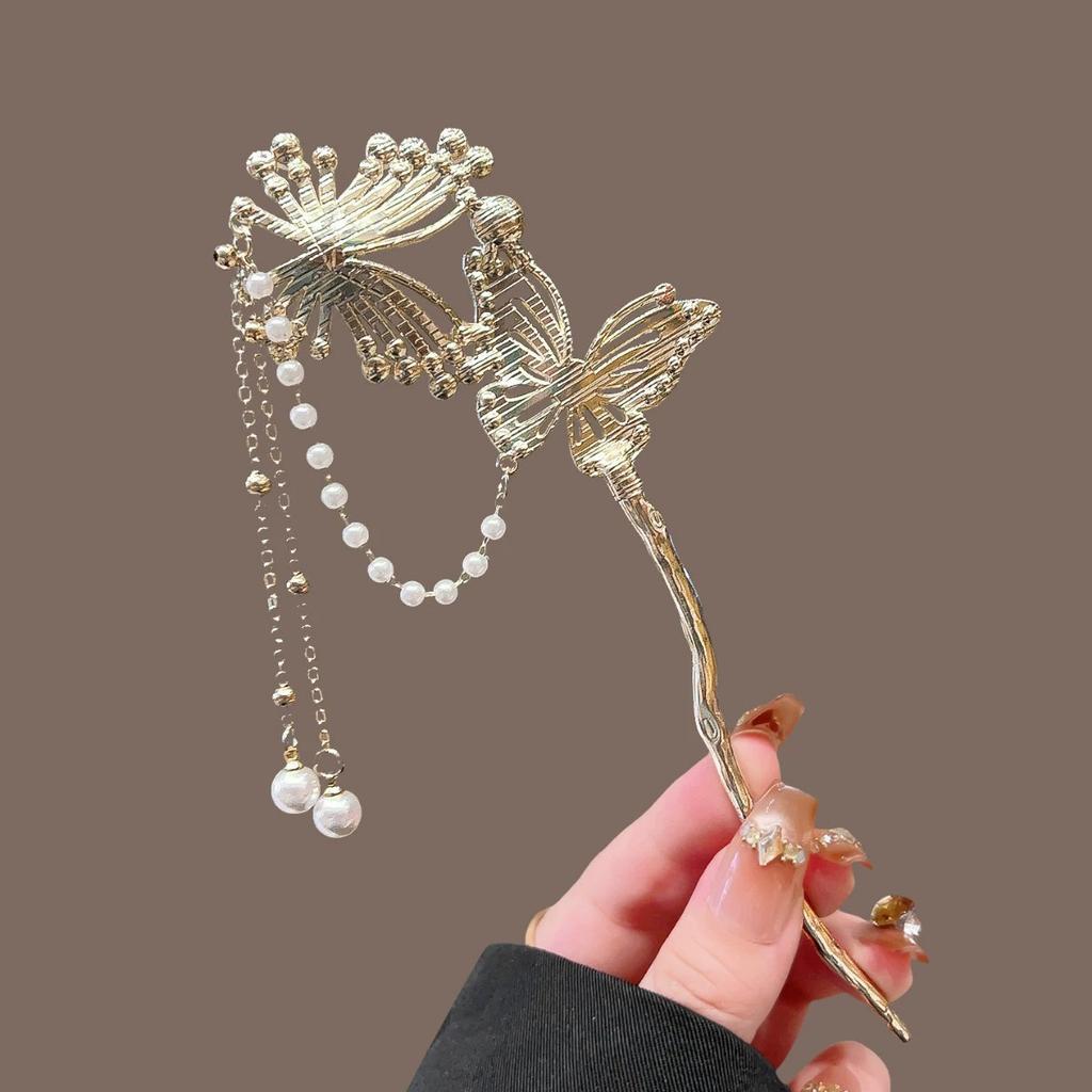 Exquisite New Chinese Style Butterfly Tassel Hairpin Antique Style Rhinestones Pearl Hair Stick Decor Women's Hair Accessories
