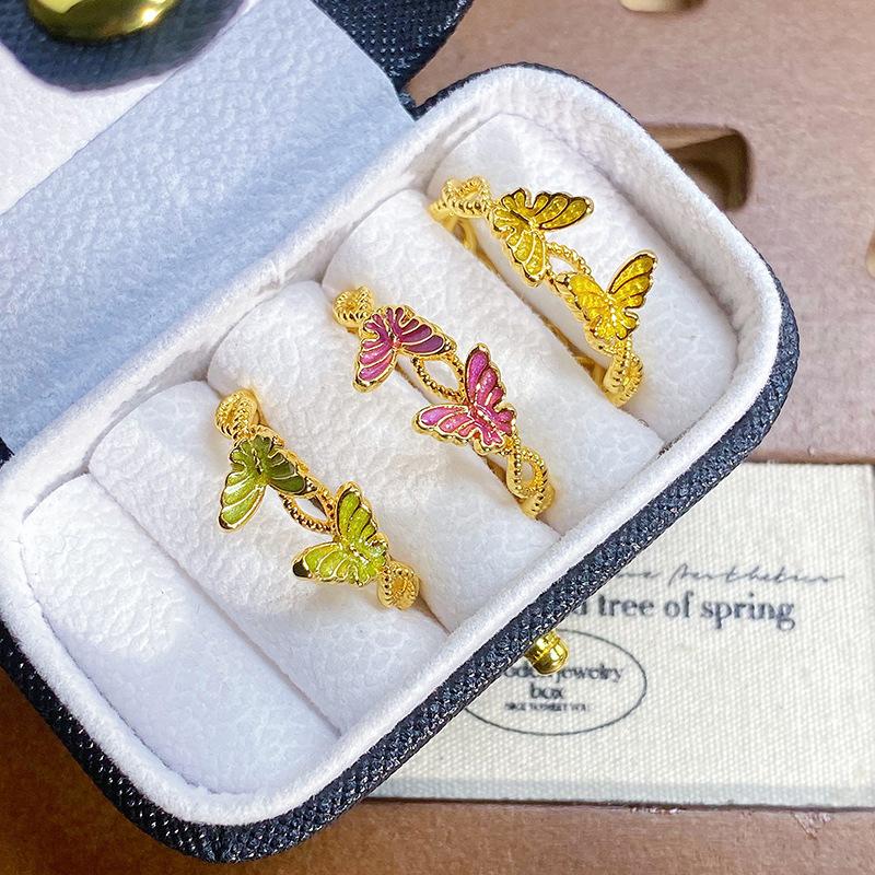 Medieval Court Style Double Enamel Dripping Oil Butterfly Opening Ring Temperament Advanced Sense Niche Light Luxury Ring