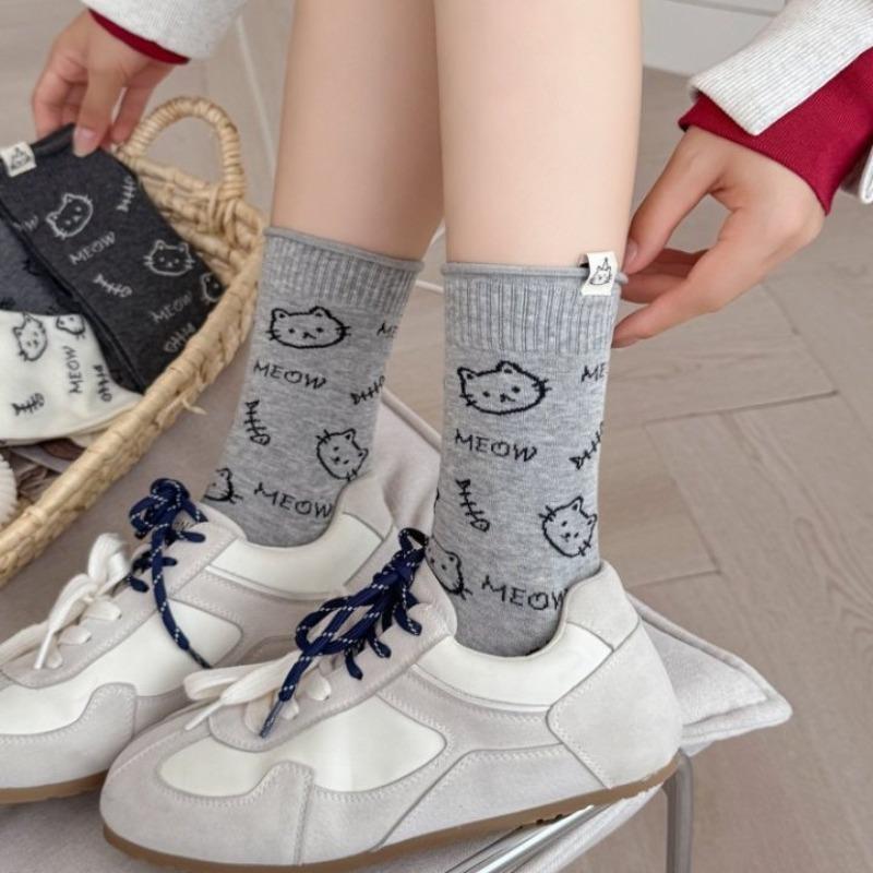 Trendy Socks with English Letters, Cartoon Cuteness, Cats, Fabric Labels, Mid-calf Socks, College Style, and Long Socks