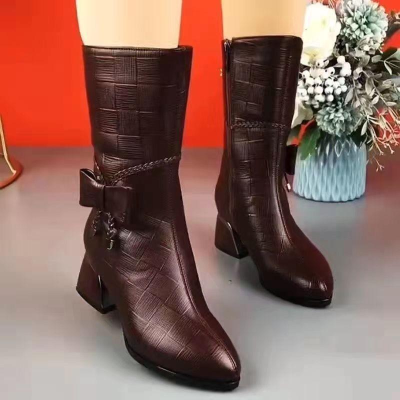Fashion Women's Boots Designer Mid-calf High Heels Boots Fashion Casual Leather Boots for Women Plush Warm Winter Boot Botas Mujer2025