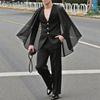 Men Sets Lapel Long Sleeve Mesh Cloak Blazer Long Suit Pants Two Pieces Outfits