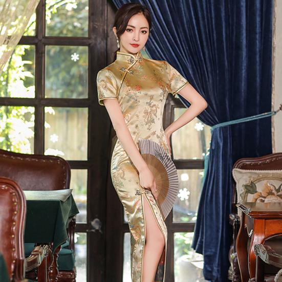 Cheongsam с принтом, длиной до середины икры, облегающее женское платье с узором Дракона и Феникса, элегантное платье с разрезом