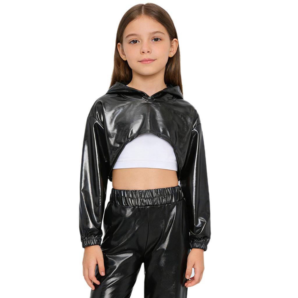 Худи для девочек в уличном стиле для танцев: Блестящий металлический укороченный топ с асимметричным подолом и длинными рукавами для соревнований