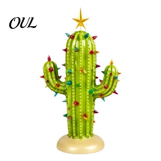Stable Base Desktop Decoration Vintage Lighted Cactus Christmas Tree, Saguaro Decor with Bulbs & Golden Resin Tabletop for Home Star Topper,