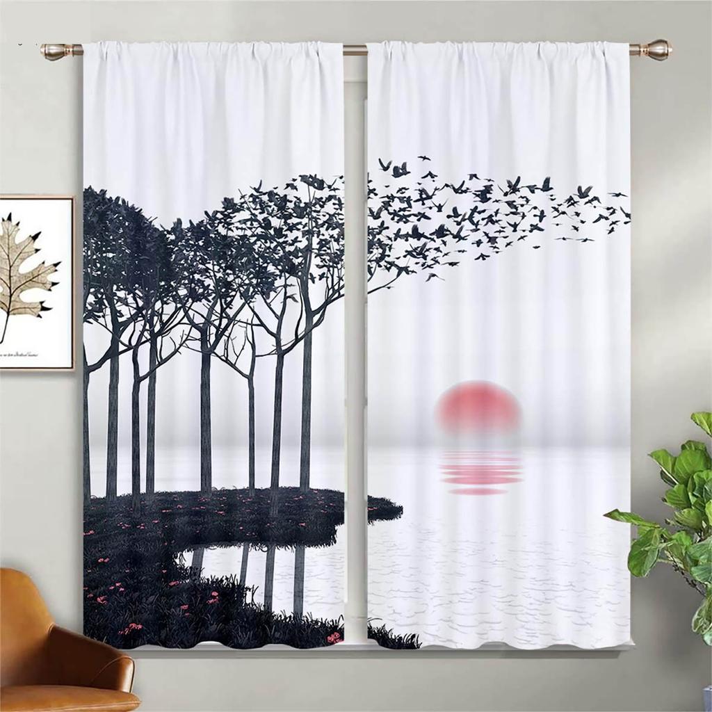 2 шт. штор в китайском стиле с принтом цветущей вишни, солнца, реки, пейзажа, шторы для гостиной, кухни, спальни, декор окна