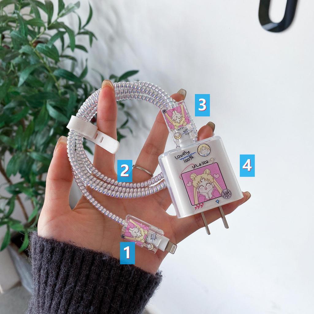 Комплект защиты кабеля данных Apple: Зарядная головка 20 Вт, прозрачный мультяшный дизайн, набор из 4 предметов