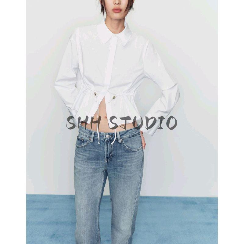 Fall New Women's Clothing French Minimalist Style Lapel Tied String Decoration Poplin Long Sleeves Shirt 3666164