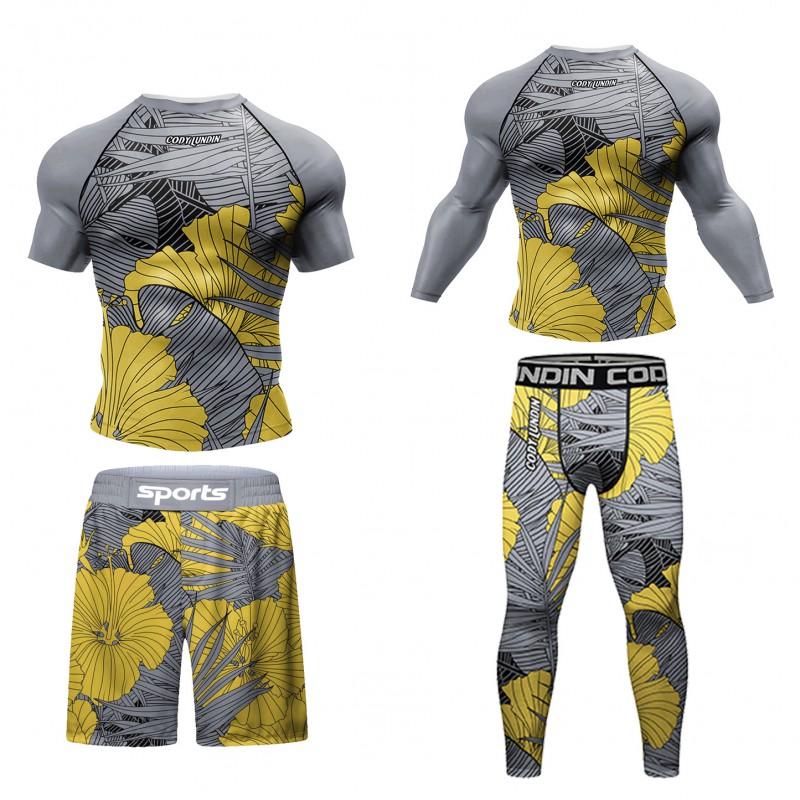 Mens 3D Printed Quick-Dry Stretch Athletic Compression Set - 4pcs Gym Running Basketball Workout Gear