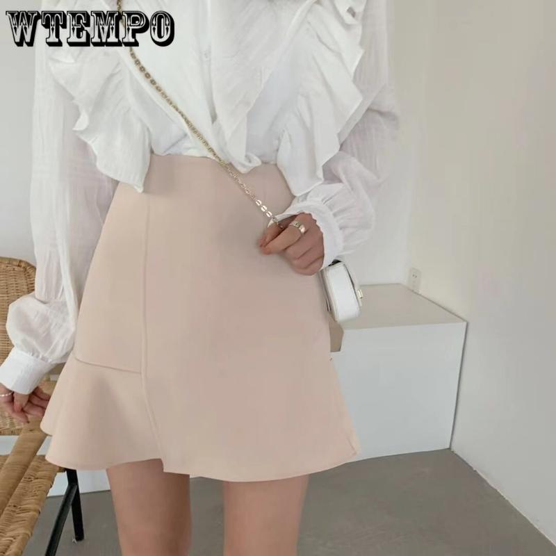 Летняя темпераментная тонкая полуюбка неправильной формы «рыбий хвост» женская элегантная однотонная юбка на бедрах с высокой талией и рюшами по краям