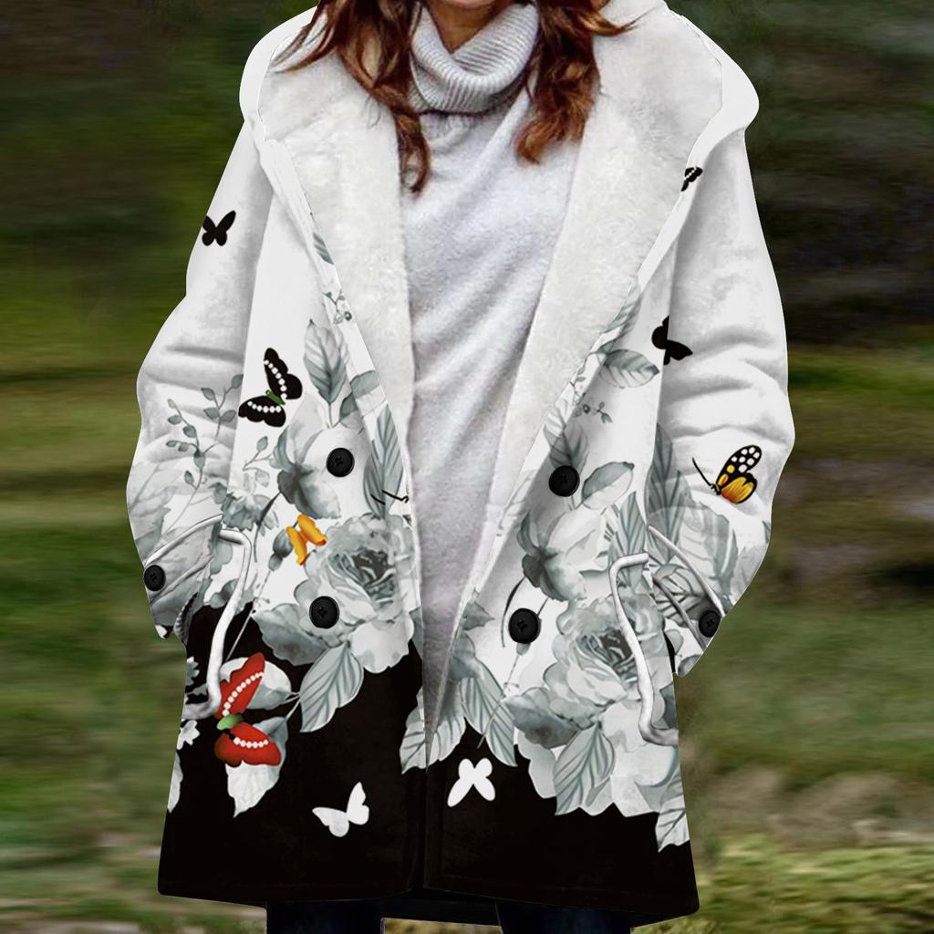 Женская большая куртка с теплой и плюшевой курткой на пуговицах с капюшоном и карманами