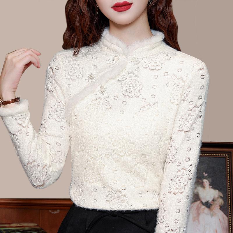 Женская базовая рубашка с воротником-стойкой Новая Осень и Холодный Сезон Диагональная планка Женская одежда Теплый Бархат Утолщенный Внутренний Топ