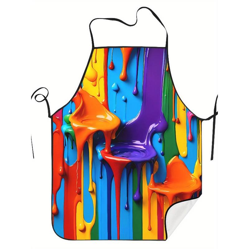 Rainbow Paint Drip Art Kitchen Apron - Colorful Abstract Liquid Oil Painting Pattern Chef Bib for Cooking Baking