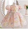 Платье для девочек Летнее Новое Корейское Принцесса Сетка Жемчуг Круглый Вырез Большой Бант Рукав-пузырь Пышное Платье Детская Одежда для Девочек