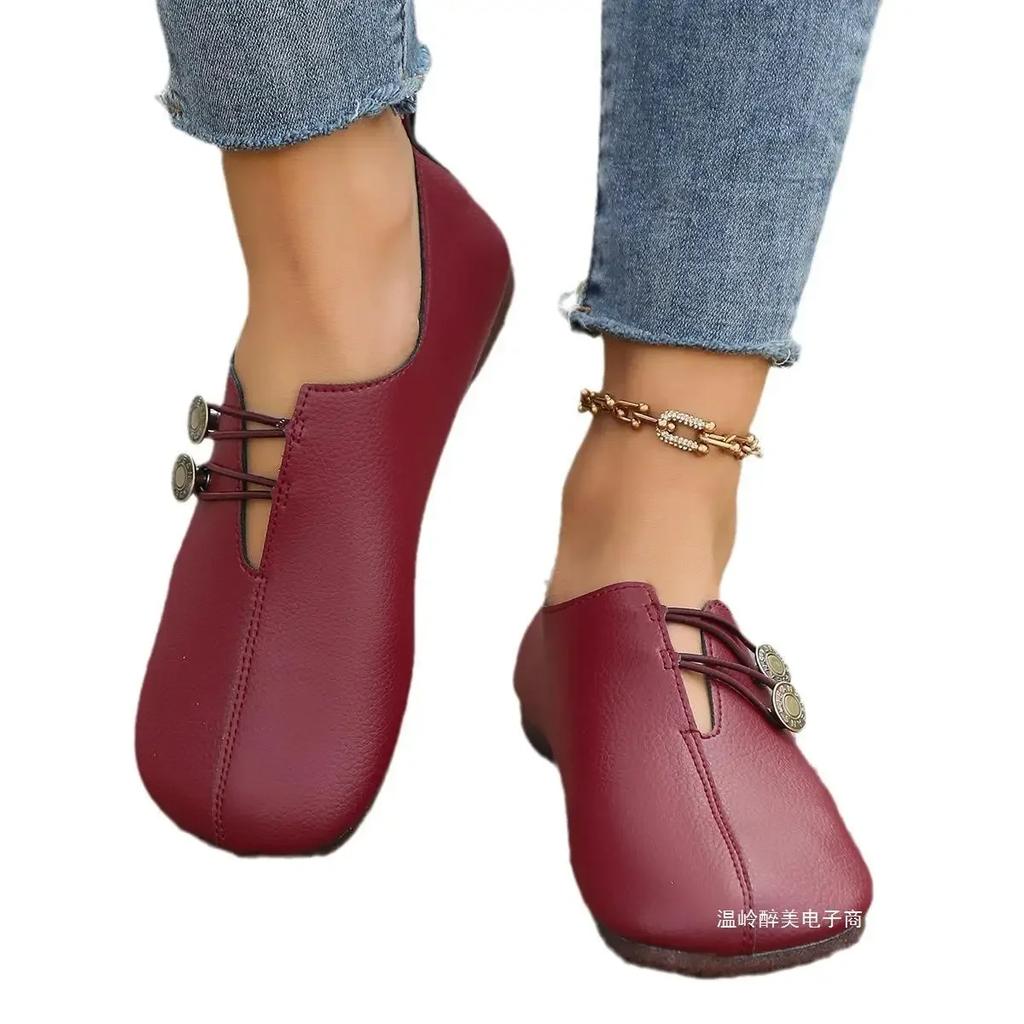 Fashion Soft-soled Hollow Button Shallow Single Shoes, Women's Lazy Doudou Shoe Mother Flat-soled Small Leather Shoes