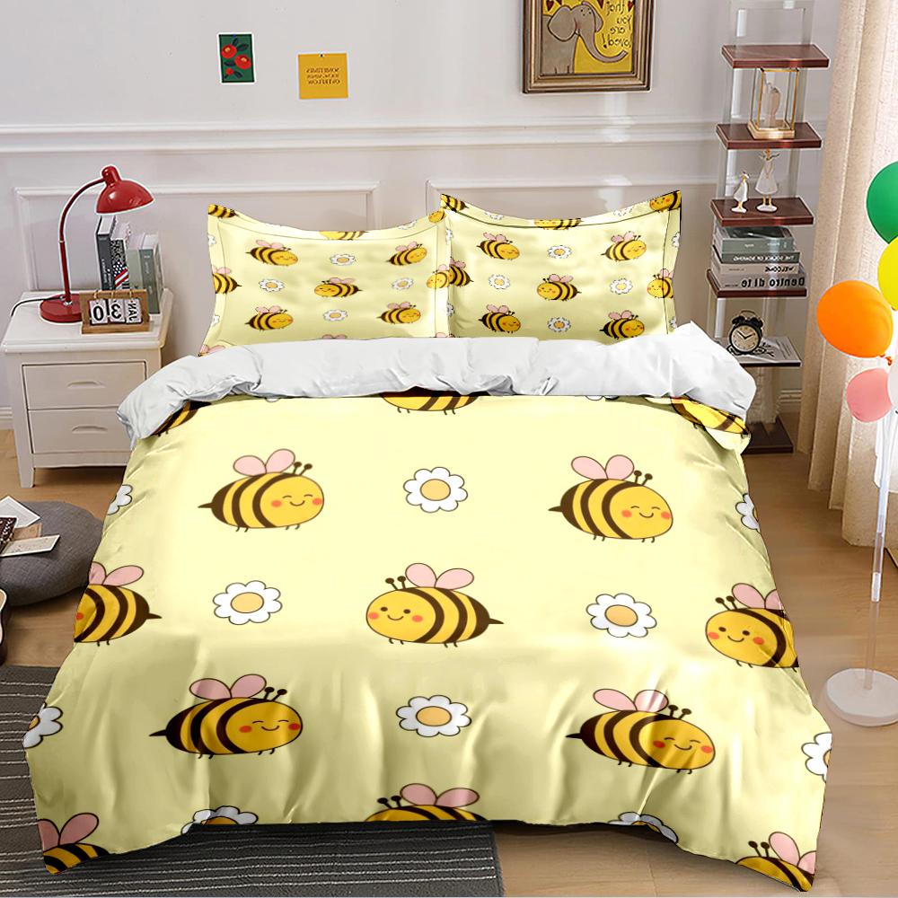 Cute Cartoon Bee and Daisy Bedding Set Bedding set (1 duvet cover, 2 pillowcases, duvet not included)