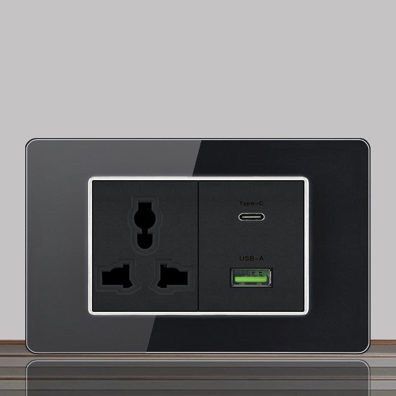 Brazil US Wall Light Switch Power Socket with USB Type-c 20W,Italy Chilean Fast Charging Tempered Glass Panel Universal Outlet