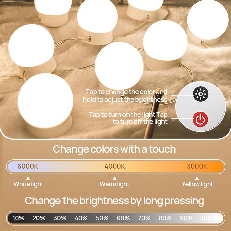 Светодиодная лампа для макияжа в голливудском стиле с сенсорным управлением, трехцветной плавной регулировкой яркости