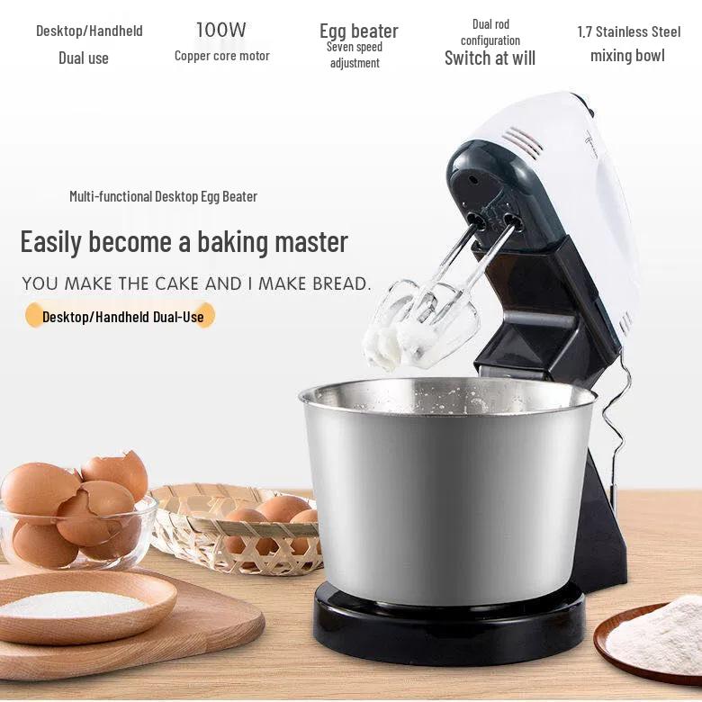 Electric Desktop Egg Beater and Small Dough Mixer with Stainless Steel Whisk