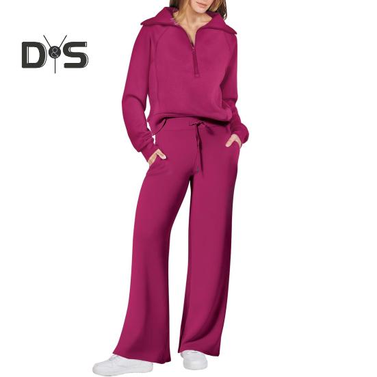 2 Pcs/Set Fall Winter Coat Trouser Suit Lapel Solid Color Thick Loose Solid Color Zipper Decor Long Sleeve Wide Leg Drawstring Elastic Waist Lady